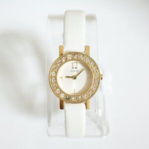 *GUESS*  White Leather Rhinestone Gold Watch.